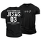 Black t-shirt with 'Team Jesus 03' design on front and heart and cross symbol on back